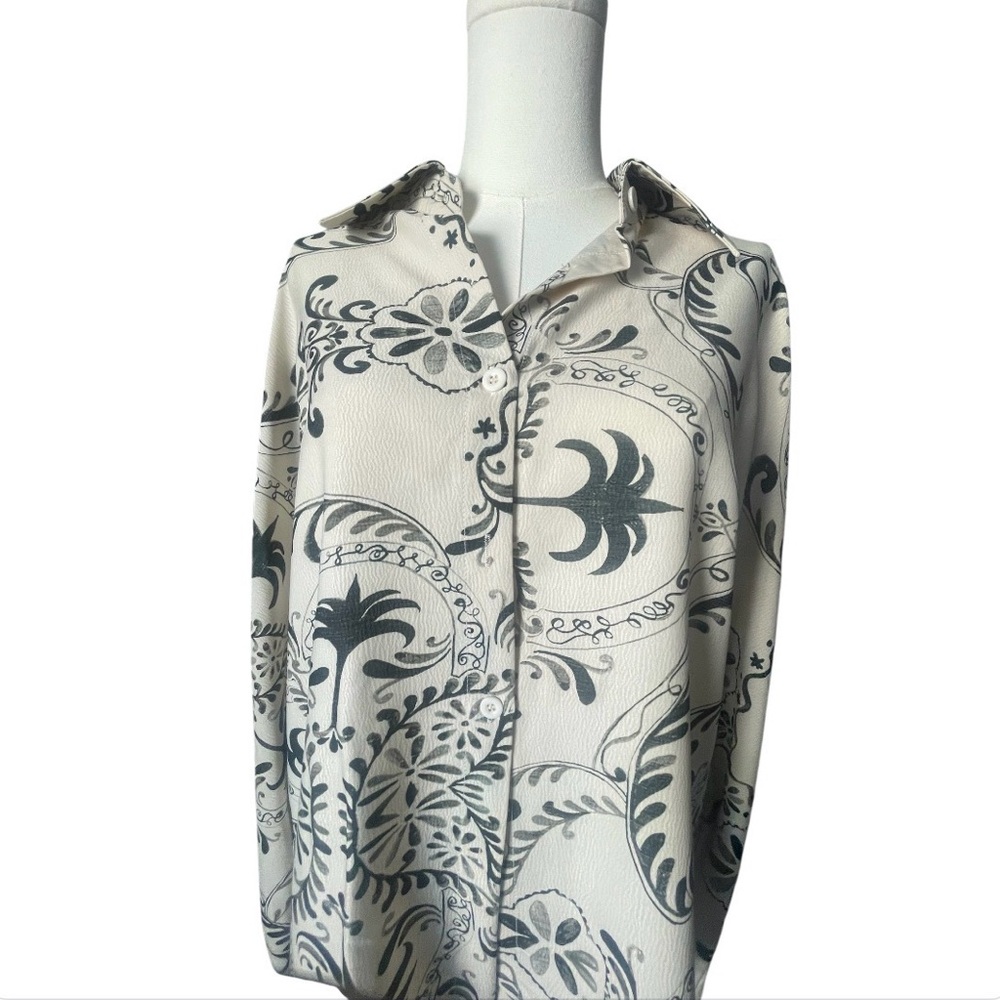 Endless Moon Cream and Olive Green Printed Button-Up Shirt & Pants Set, sz L NWT